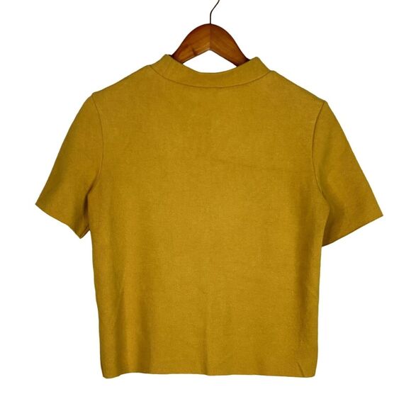 Zara Crop Ribbed Short Sleeve Mock Neck Raw Hem Crop Knit Top M Mustard Yellow - Picture 10 of 16